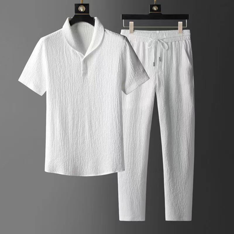 Men’s Spring Summer Short Sleeve Casual Suit Slim Two-piece Set Drawstring Pants