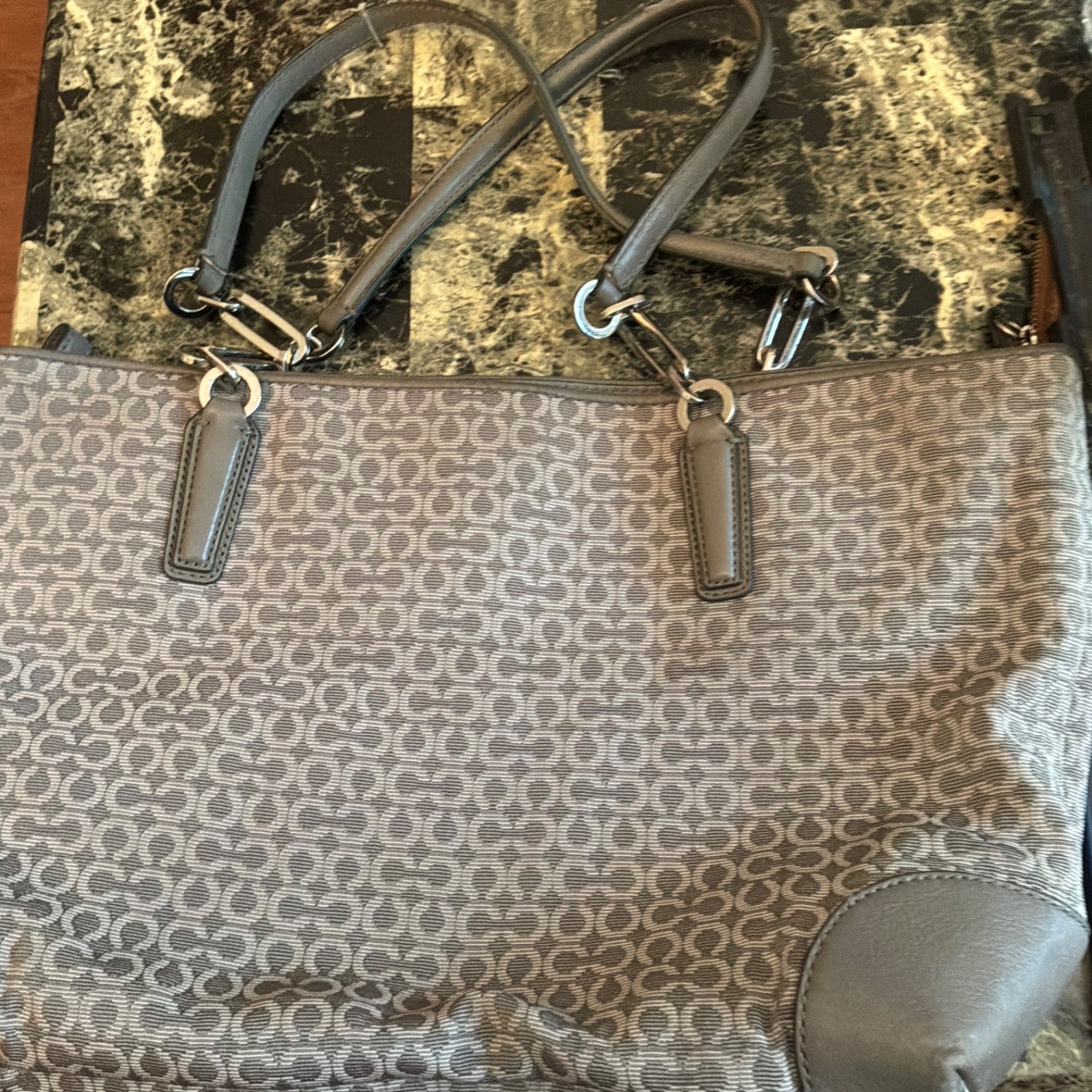 Coach signature gray canvas and leather tote bag