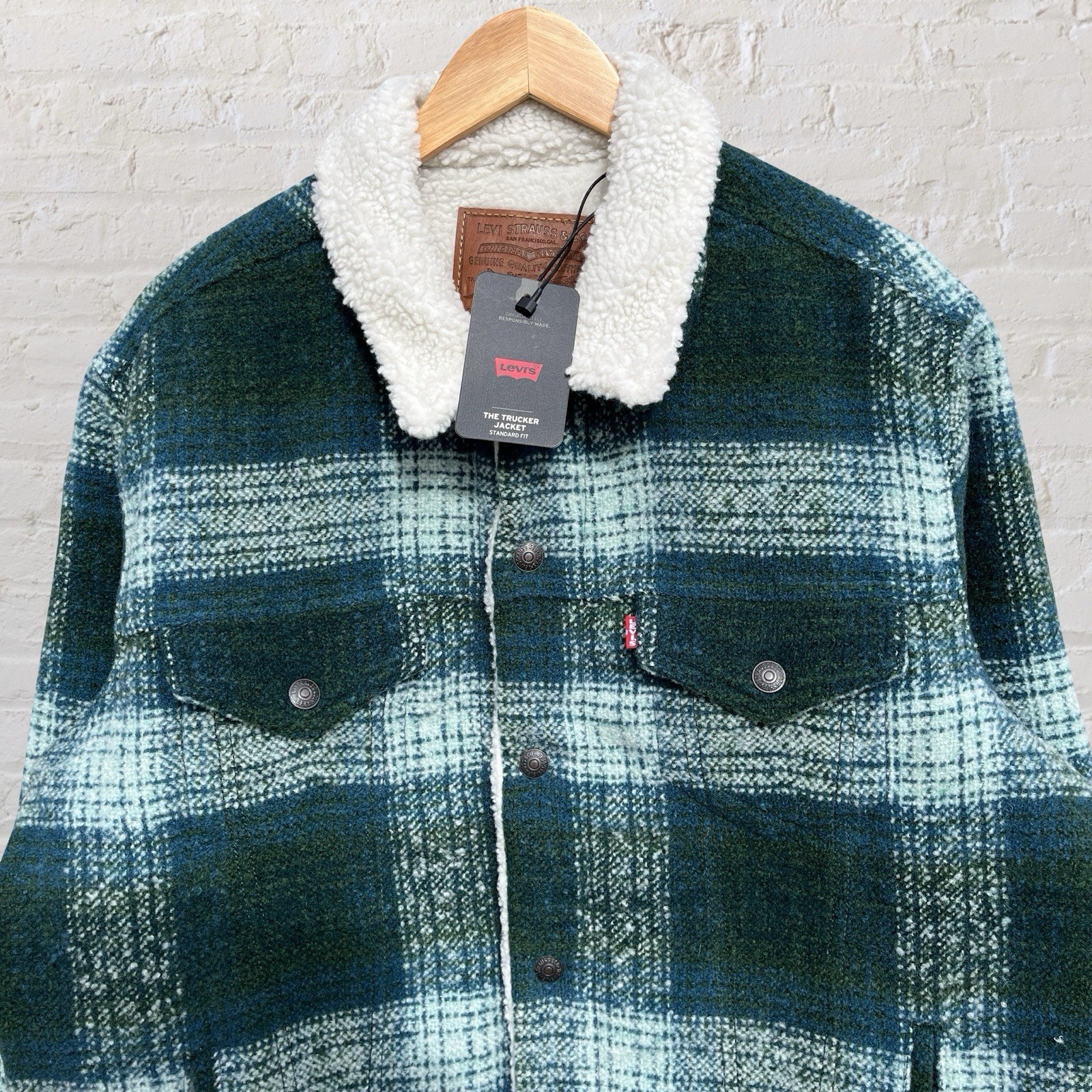 Levi’s Sherpa Lined Trucker Jacket Premium Green Plaid Wool Blend Big E