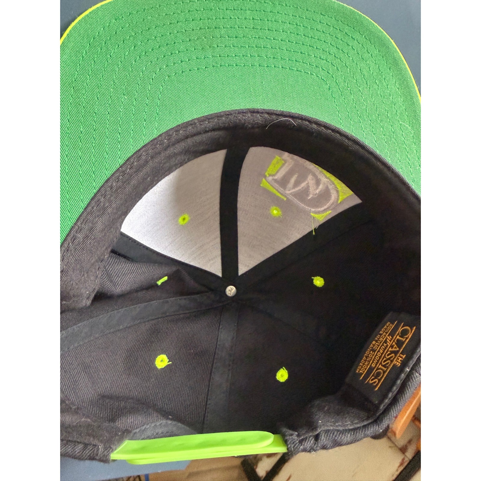 Yupoong The Classics Defiance Snapback Hat Black Neon Lime Green Flat Bill Cap