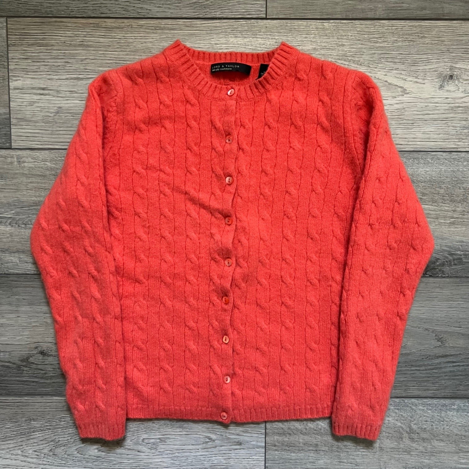 Lord & Taylor Women’s M Cardigan Cable Knit Sweater 100% Cashmere Coral