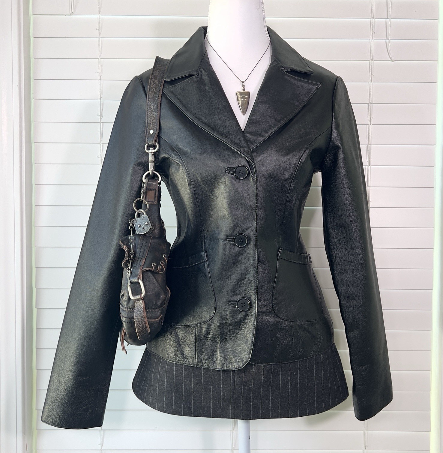 Y2k vintage Rampage Women’s Black Genuine Leather Button-Front Collared Jacket S