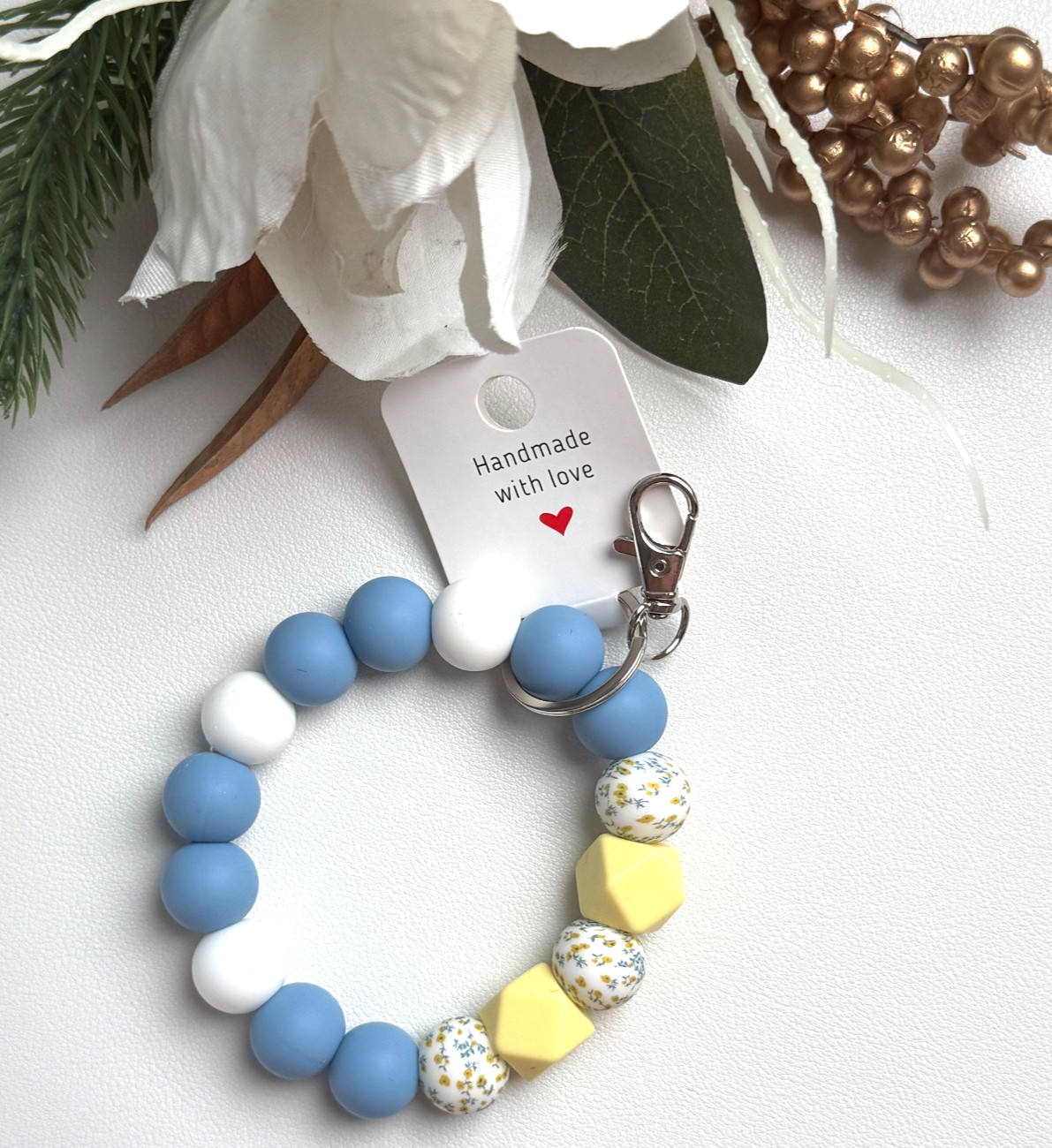 Silicone Beaded Keychain Wristlet Bracelet Spring Blue Floral