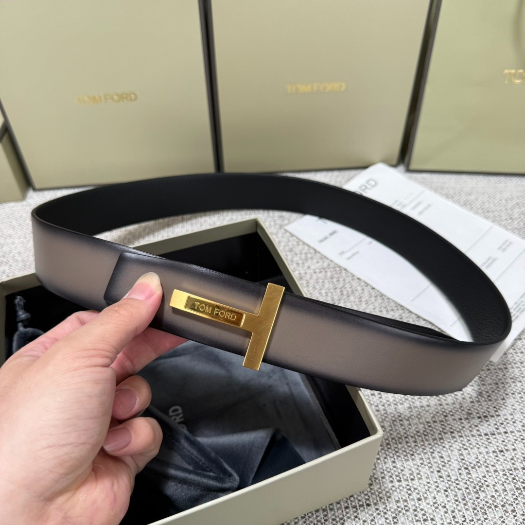 TOM FORD Mens Reversible Brown/Black Leather Insert Buckle Gold T Belt