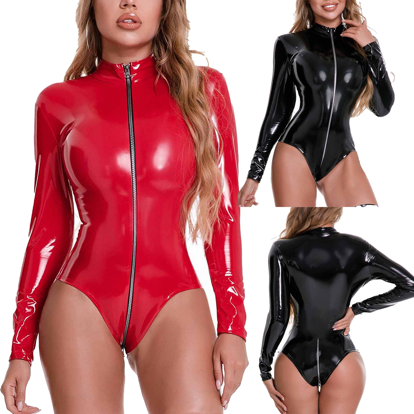 US Women’s Wet Look PVC Leather Bodysuit Long Sleeve Zipper Crotch Clubwear