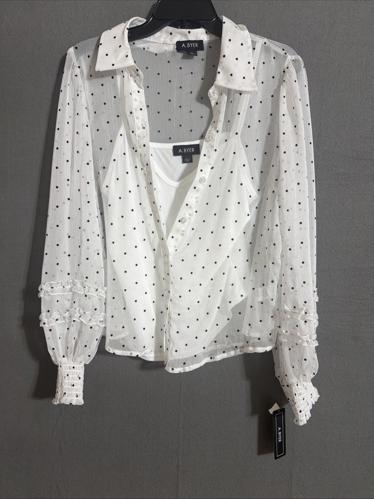 A.Byer Wm’s L Share Polkadot Ruffle Sleeve Set Cottage Core Coquette Office-work