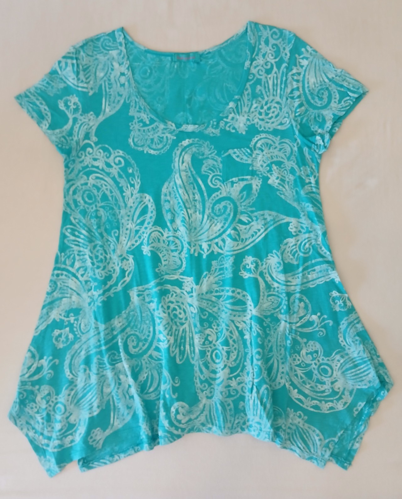 Fresh Produce Women’s Tunic Top XL Turquoise/White Paisley Cotton Knit Scoop