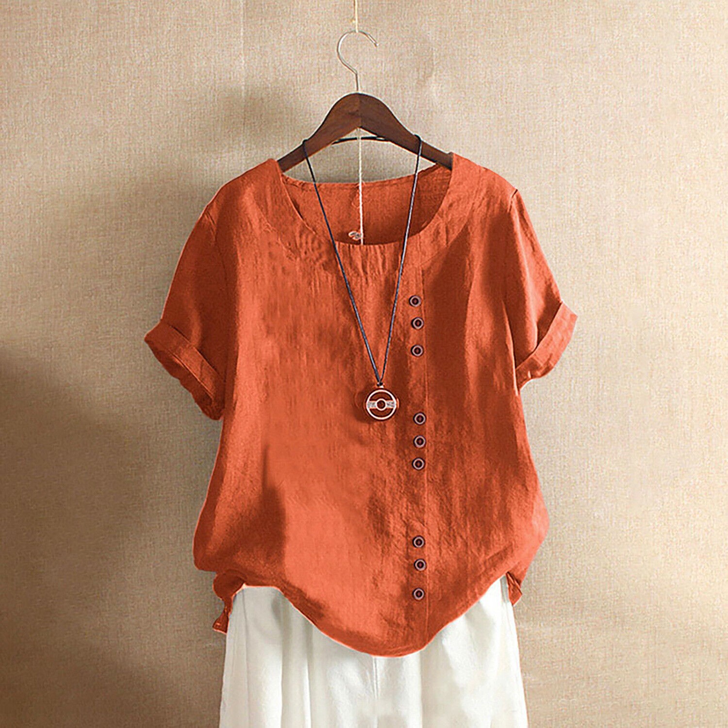 Summer Womens Cotton Linen Tunic Blouse Tops Short Sleeve Shirt Casual