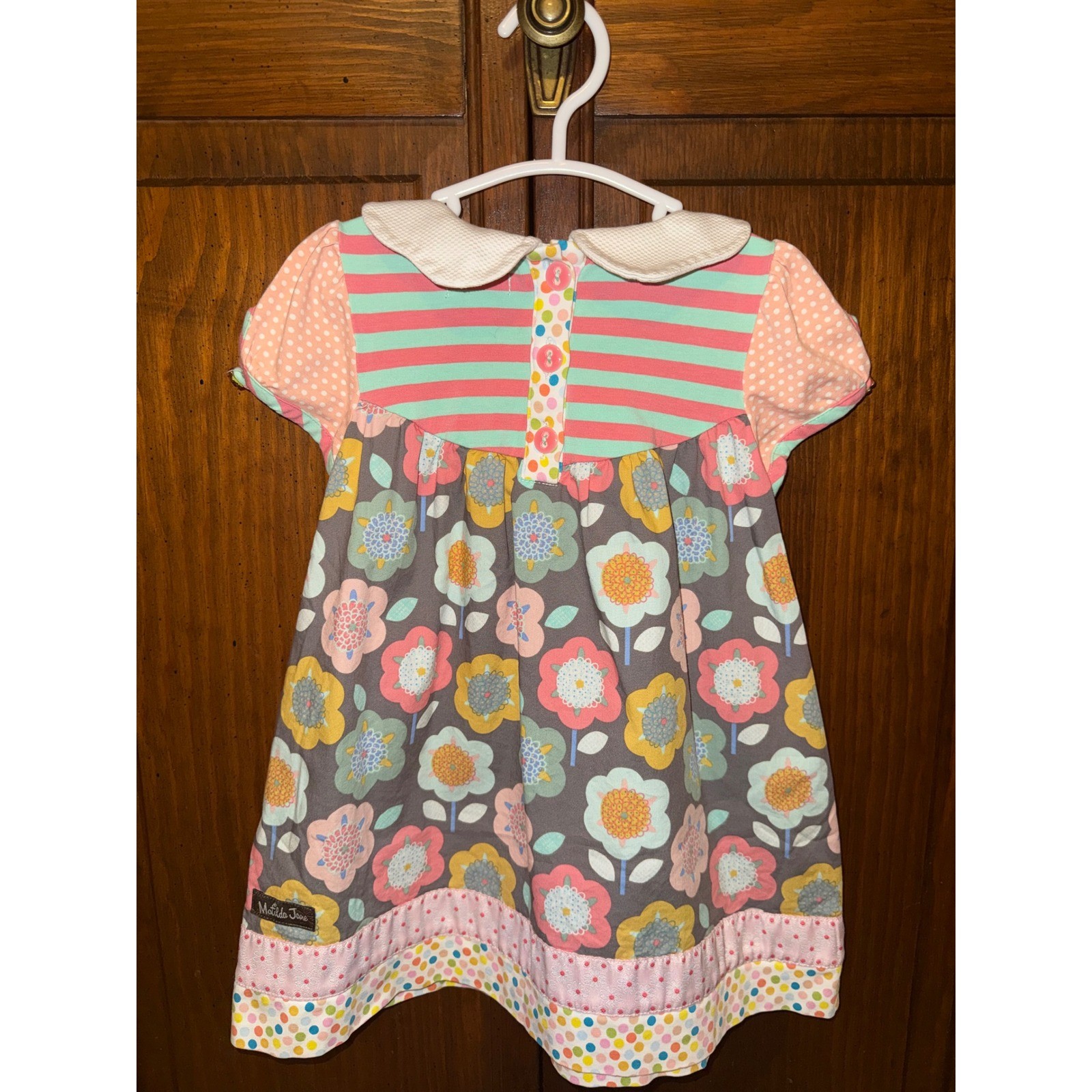 Matilda Jane Girls Mixed Floral Polka Dot Stripe Peter Pan Collar Dress 18-24M