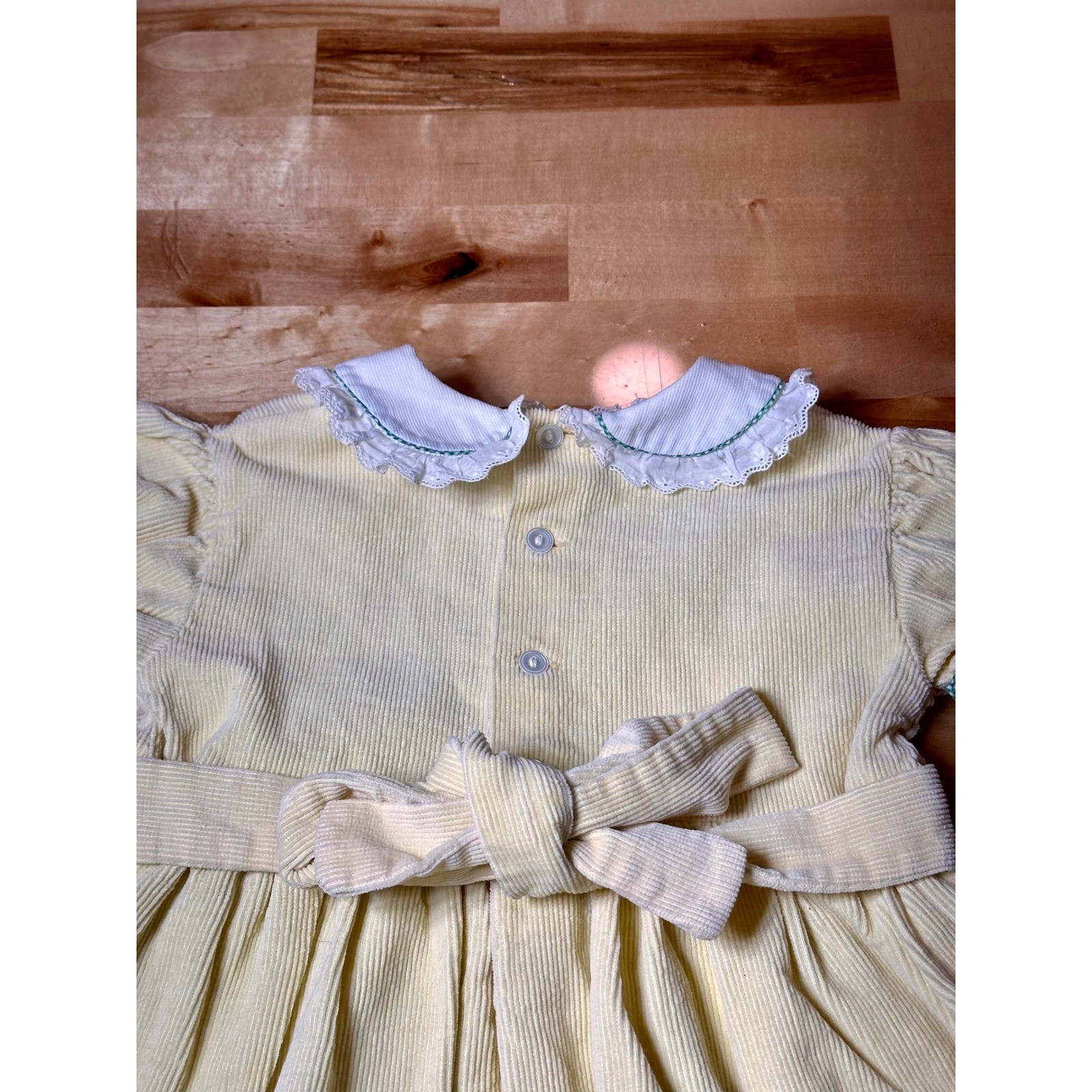 A-Lad-N Vintage Corduroy Dress Kids Sz 2 Yellow Peter Pan Collar Kite Embroidery