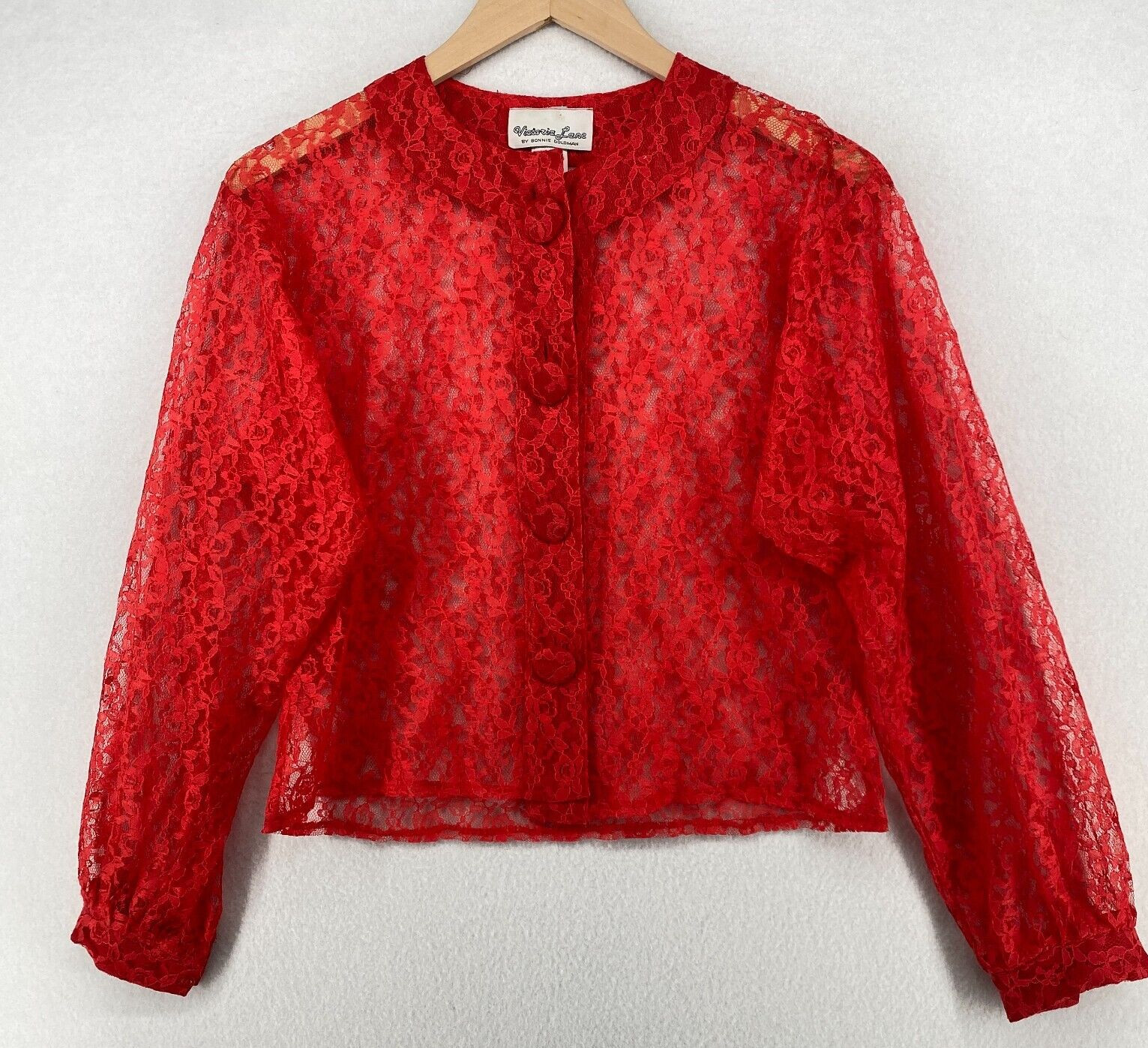 VICTORIA LANE BONNIE GOLDMAN Top S Sheer Lace Floral Button Up Long Sleeve Red