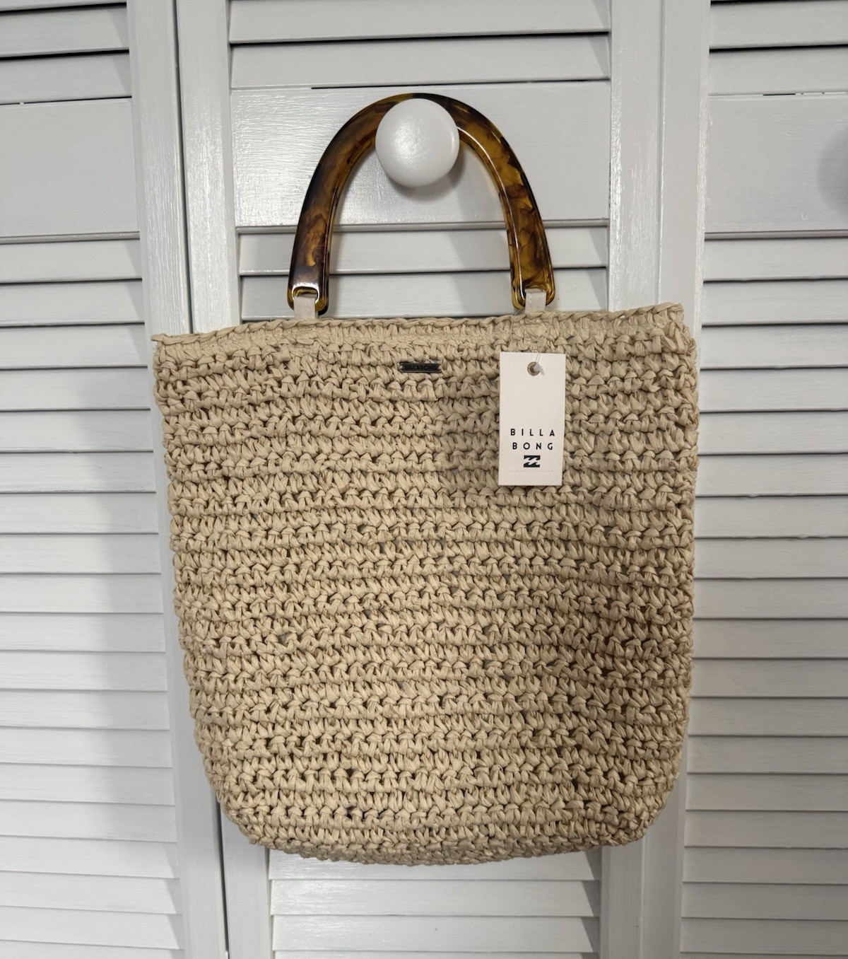 Billabong Women’s Beige Tote Bag Crochet Accents Brown Acrylic Top Handle