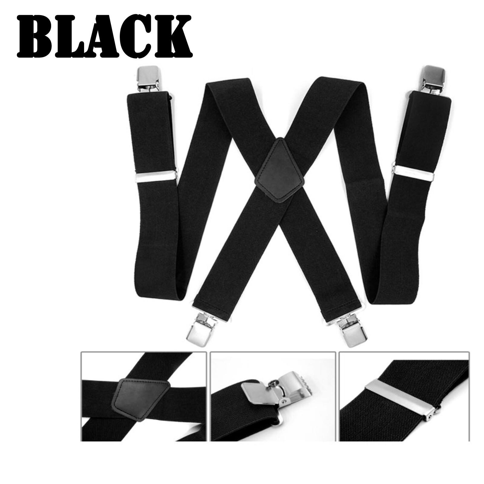 Black Mens Braces Suspenders Polyester Fiber with Rubber band Material 2″ Width