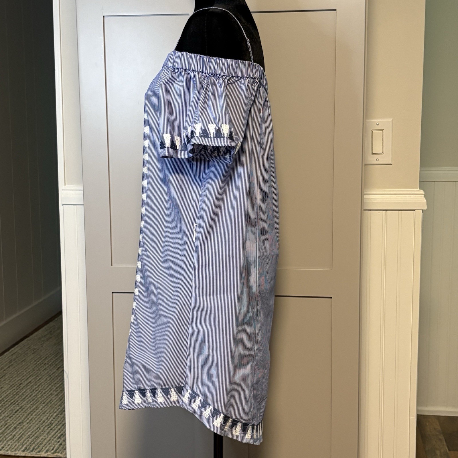 Cute Stella Dot Beach Kali Dress In Blue Stripe Embroidered Off Shoulder Summer