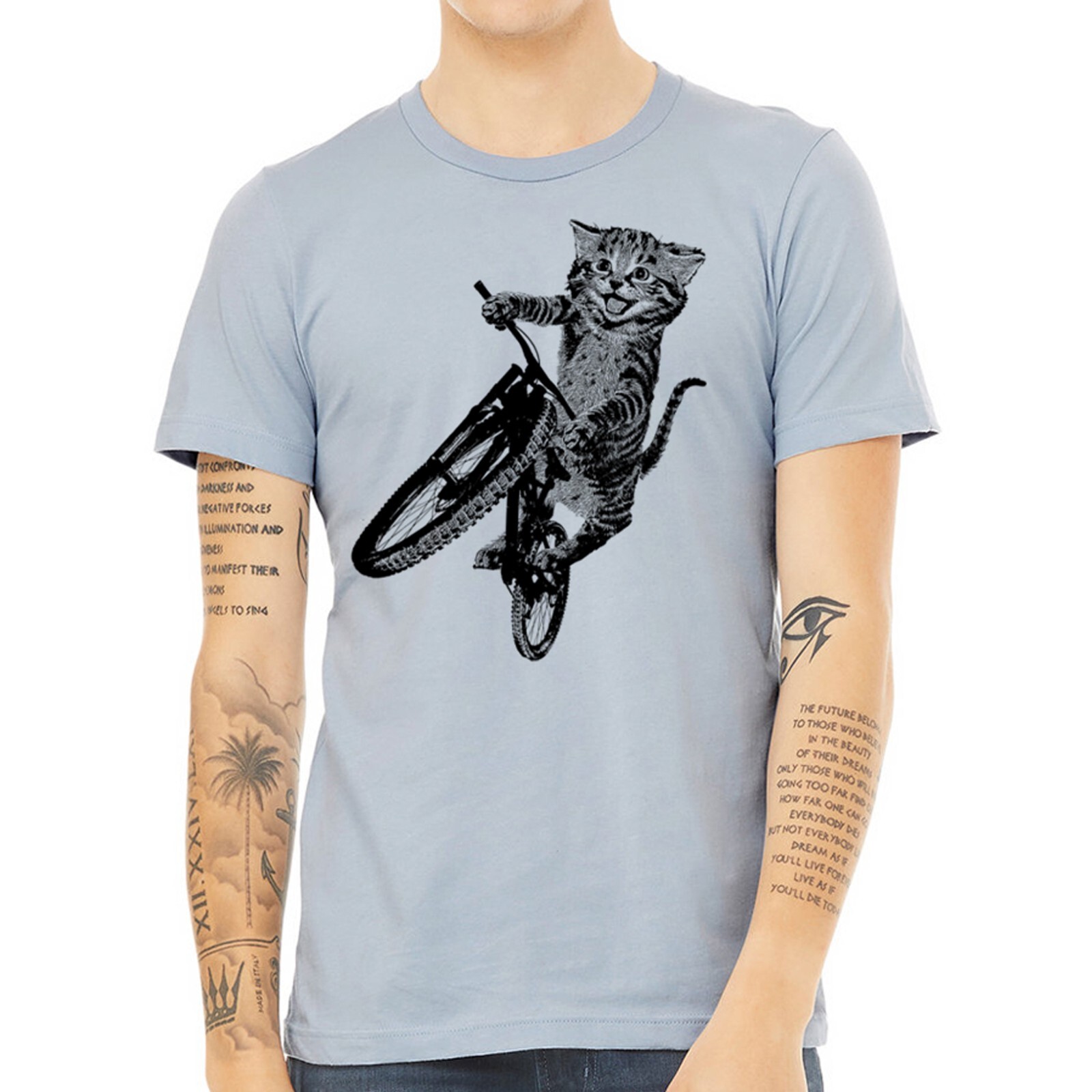 Cat Riding a Bicycle men’s Tshirt- Kitten Wheelie Tee shirt- Eco Friendly