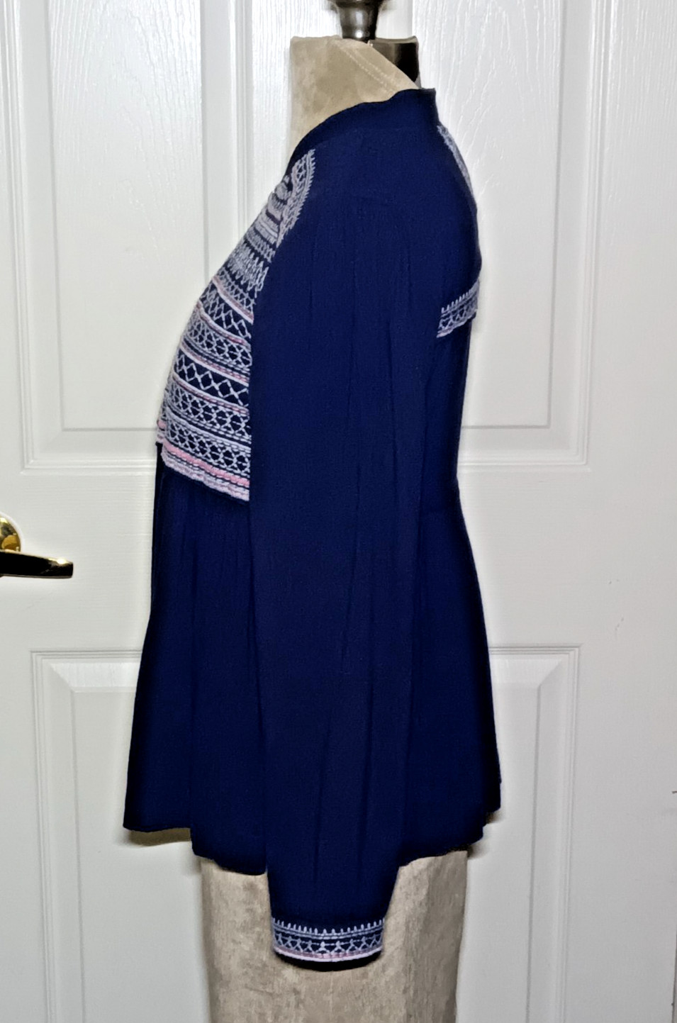 Octavia Zip Front Smocked Shirt Cotton 3/4 Sleeve Swing Peblum Fair Isle Size S