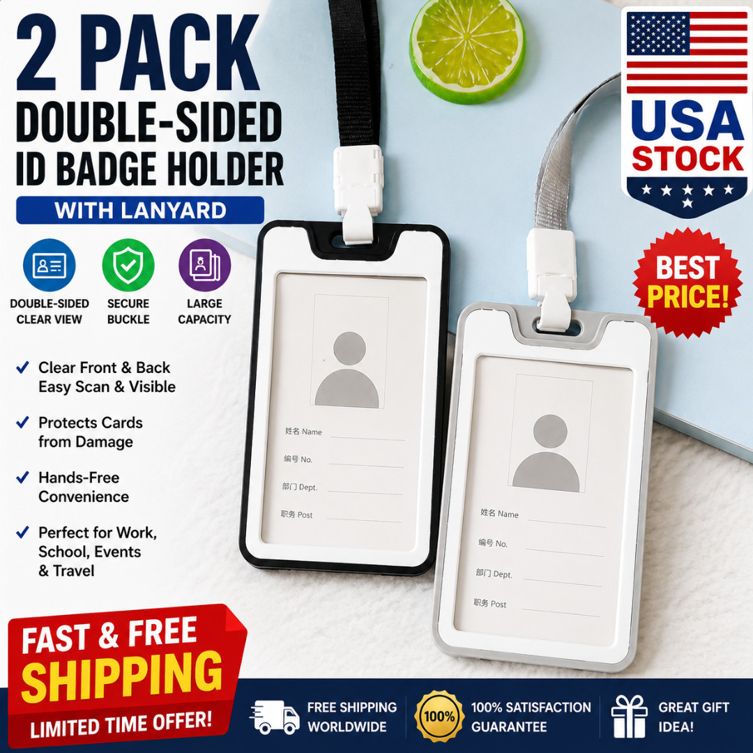 2Pcs Double-Sided ID Badge Holder with Lanyard Vertical Clear Card Holder PP