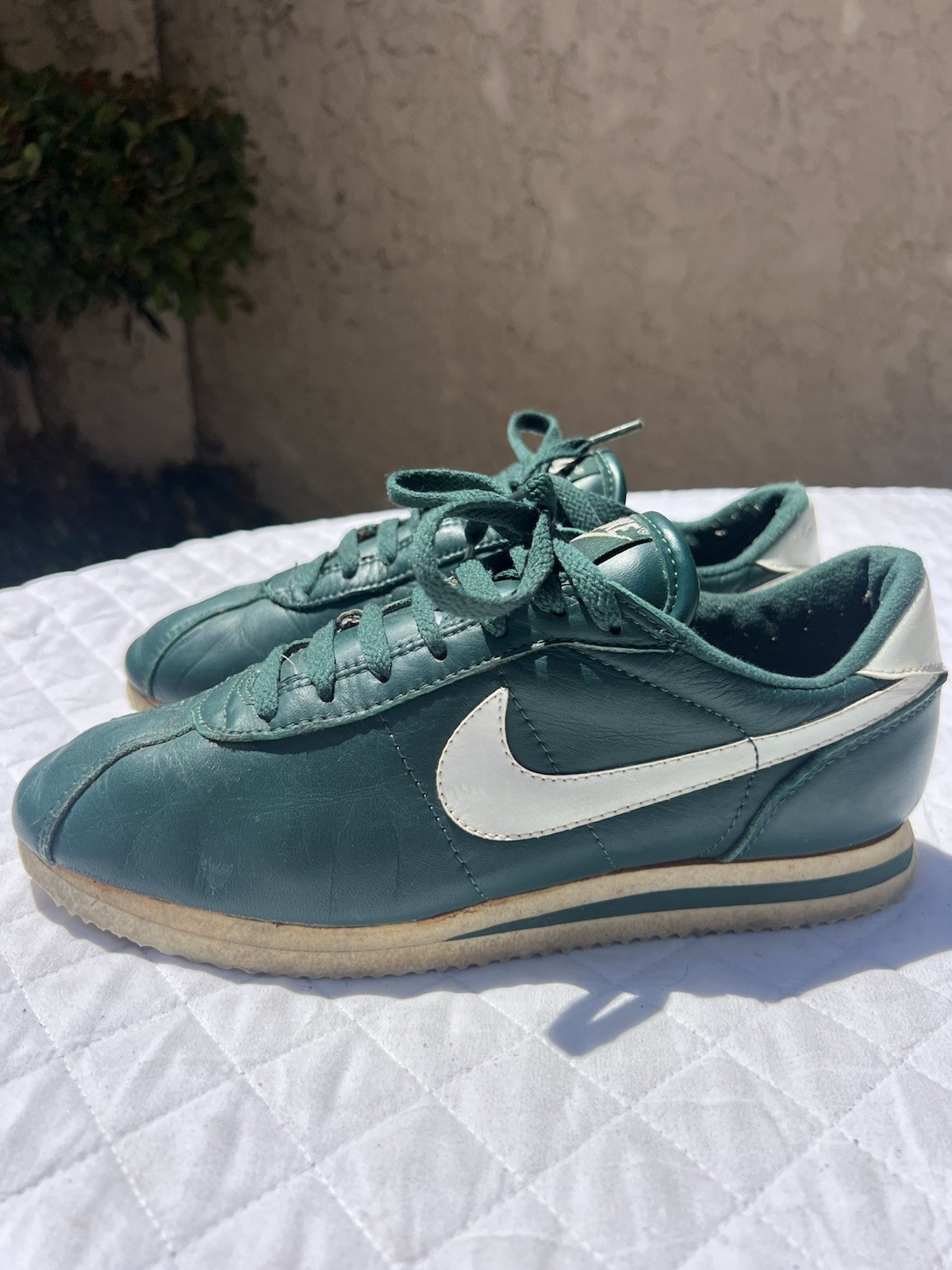 Vintage 1980s Nike Cortez Size 8 Green Leather Shoes Made in Republic of Korea
