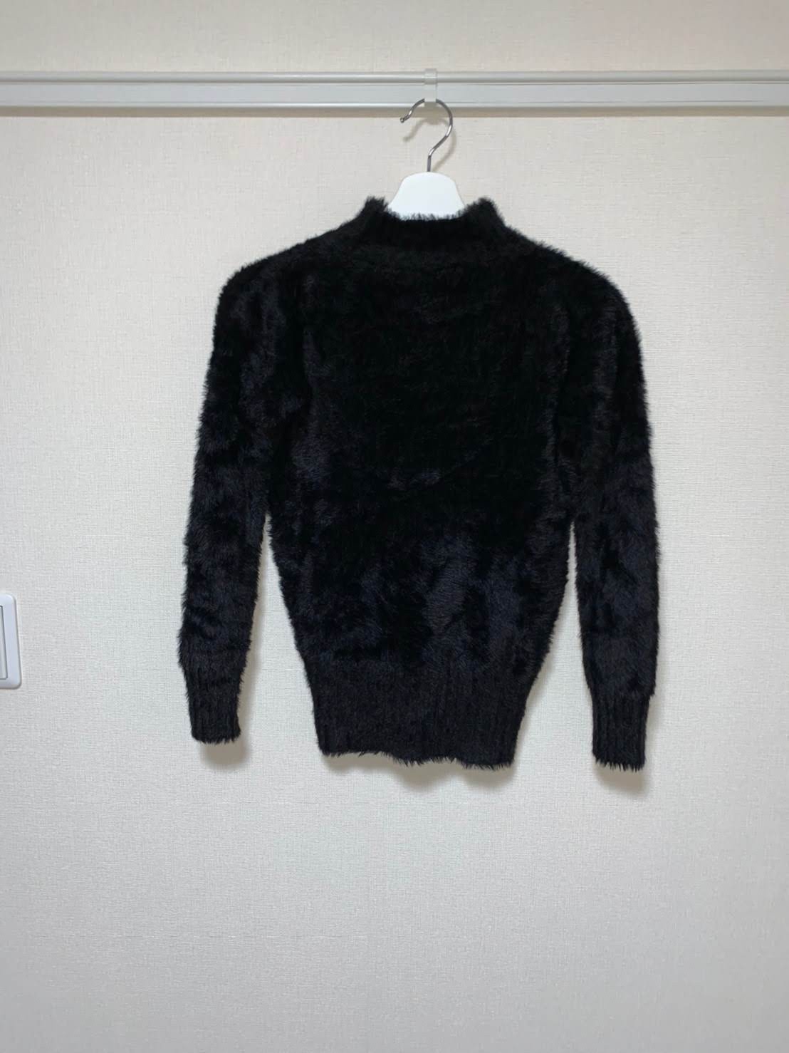 Fluffy Mohair-like Knit Sweater Mock Neck Fitted Women One Size Black Ivory Japa