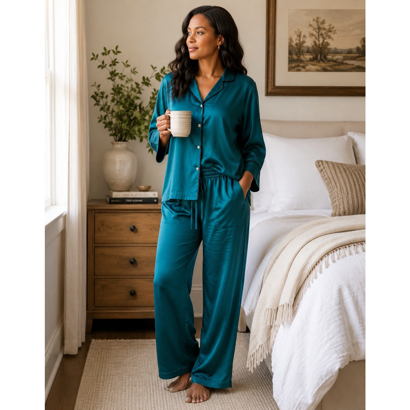 Natori Teal Satin Loungewear PJ Pant Set XL Mandarin Collar Piping Glamcore