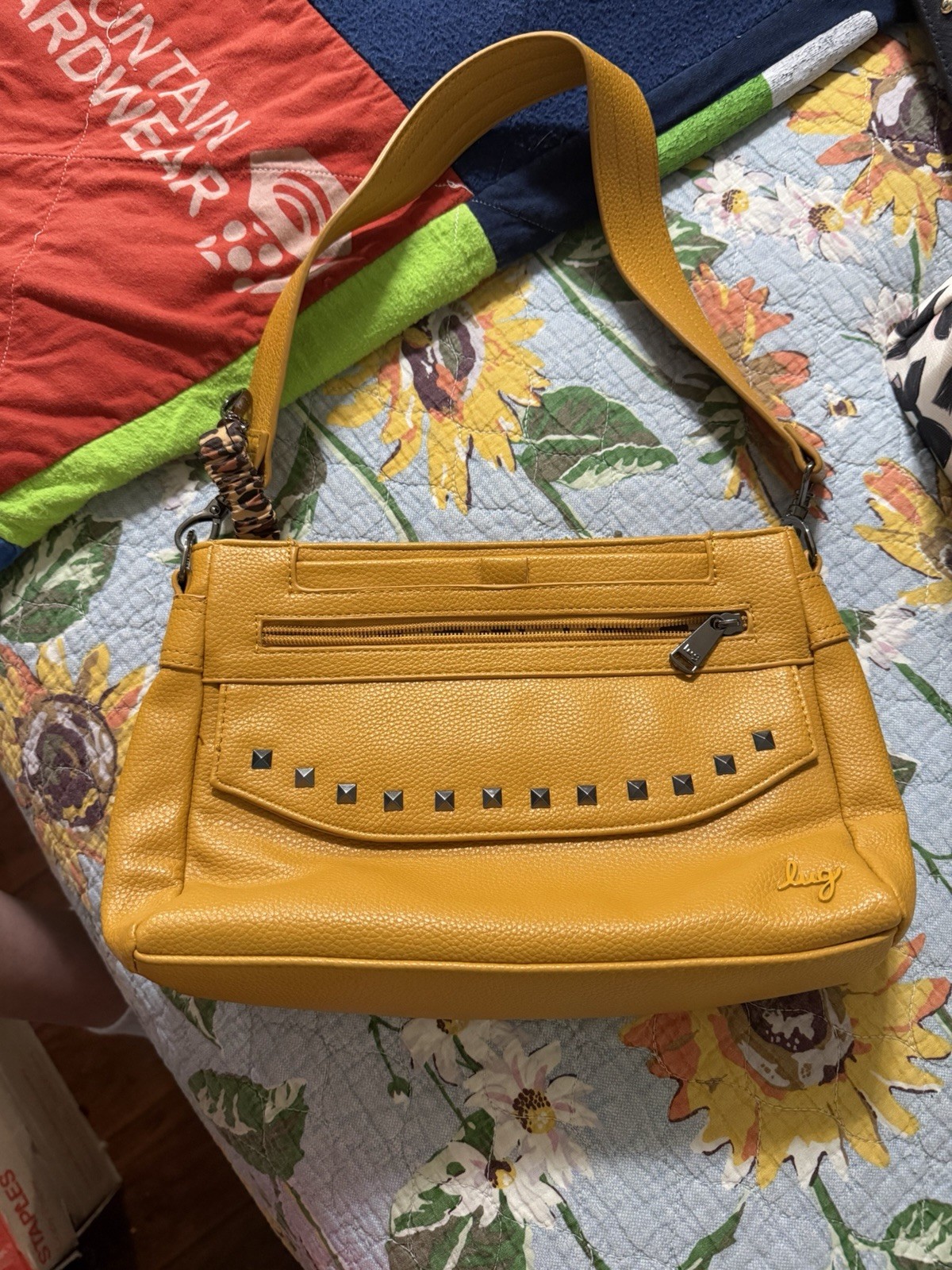 Lug Yellow Shoulder Bag Zip Closure Studded Leopard Lining Gunmetal Hardware