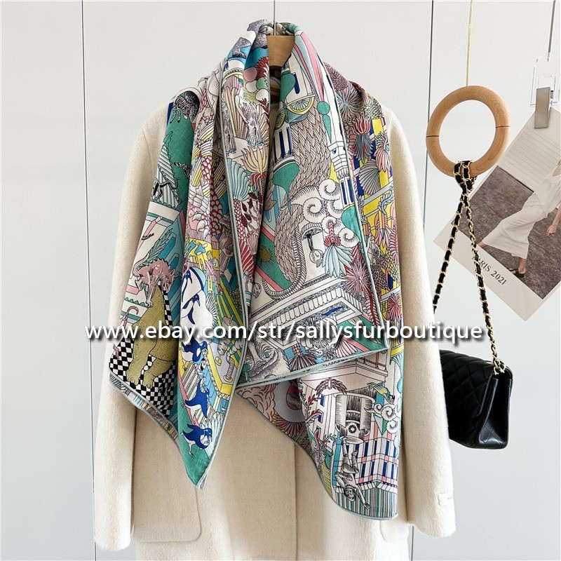 Sallys 70% Cashmere & 30% Silk Wrap Scarf Animals Print Double Face Shawl 53″