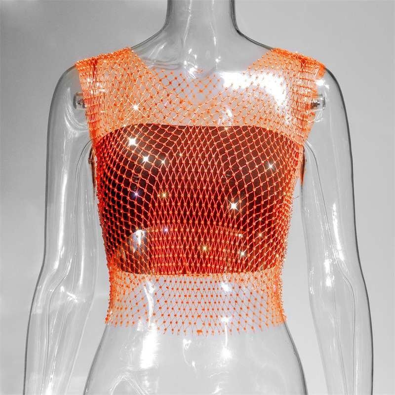 Summer Rhinestones Backless Leqoel Sexy Mesh Fashion See Through Tank Hollow