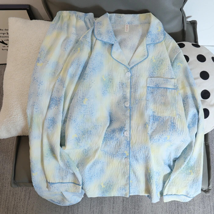 Chinese Style Ink Bamboo Print 2 Pieces Pajamas Casual Turn-Down Collar Homewear