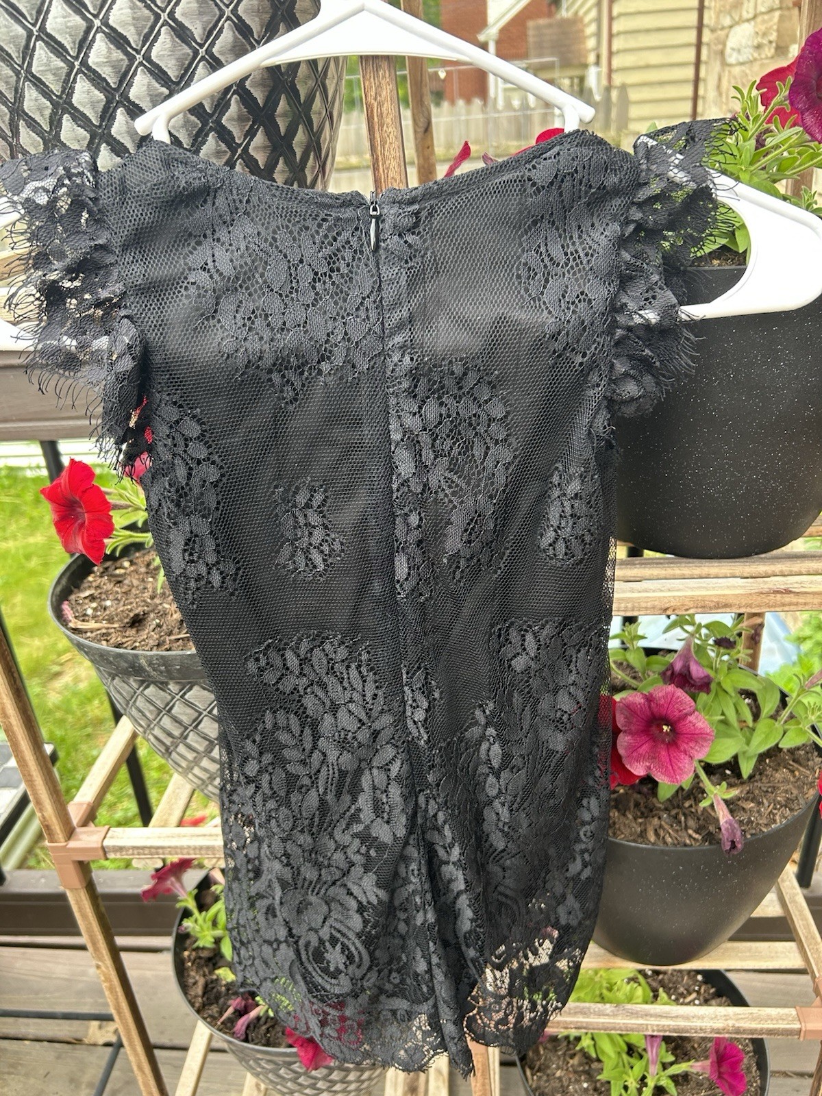 doe,a dear Black Floral Lace Flutter Sleeve Crew Neck A-Line Short Dress 5