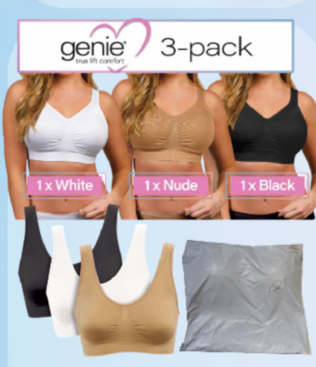 Genie BRA 3-Pack (White, Nude, Black) AS SEEN ON TV Wireless SELECT YOUR SIZE