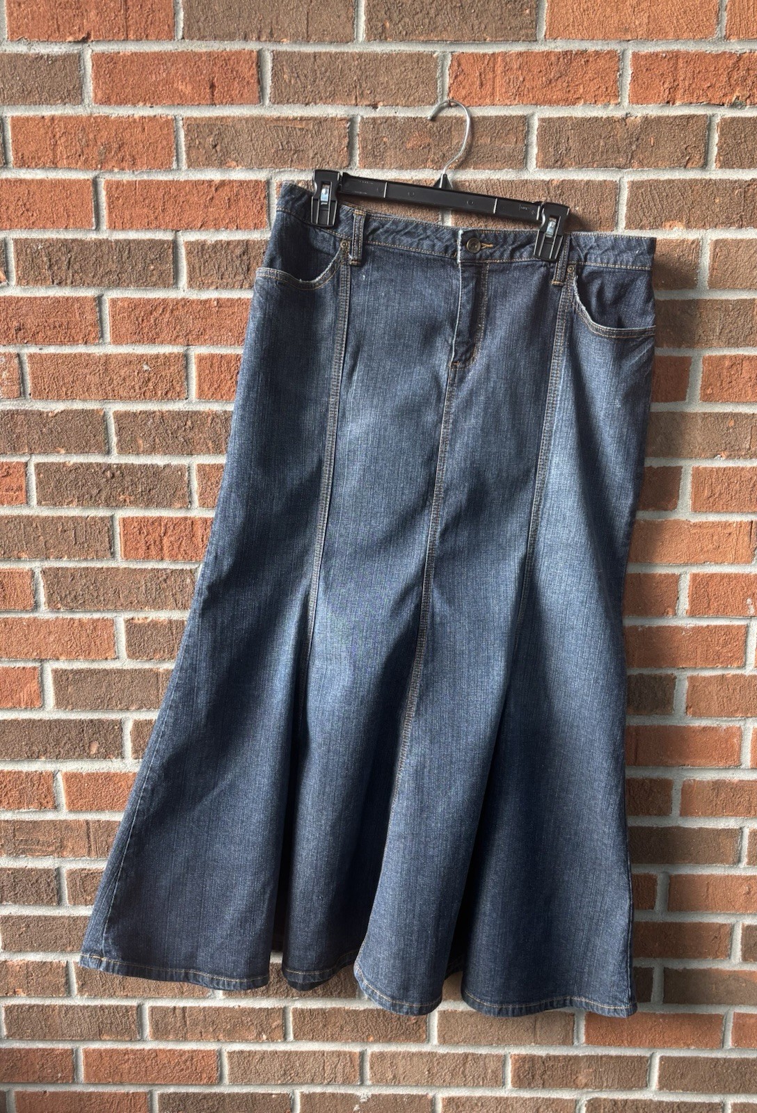 A.N.A Woman Denim Blue Jean Flare Maxi Skirt Pockets Zip Up Size 14
