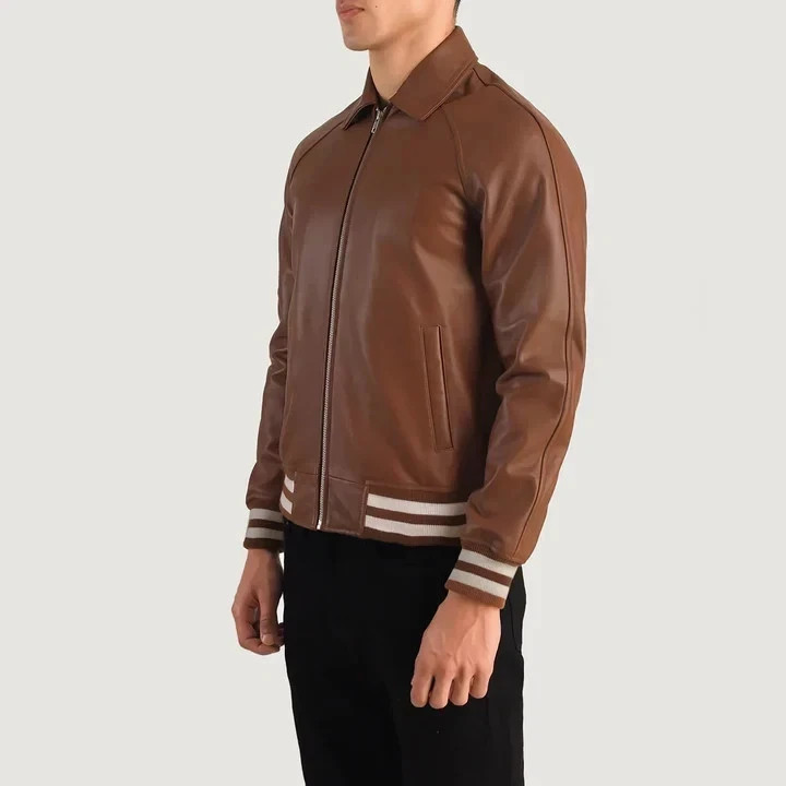 Men’s Brown Bomber RAF Jacket Real SheepSkin Leather Jacket Classic Varsity Coat