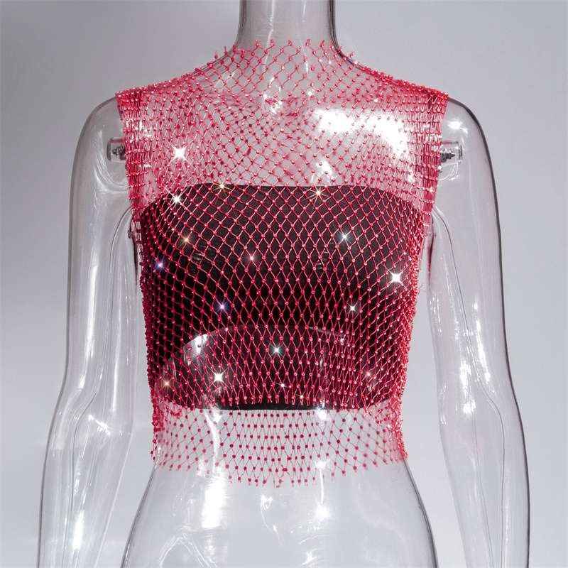 Summer Rhinestones Backless Leqoel Sexy Mesh Fashion See Through Tank Hollow