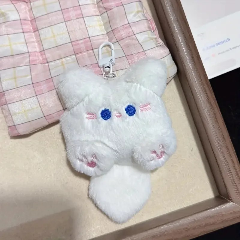 Plush Cat Keychain Bag Charm Pendant for Girl Purse Backpack White Pink 11cm