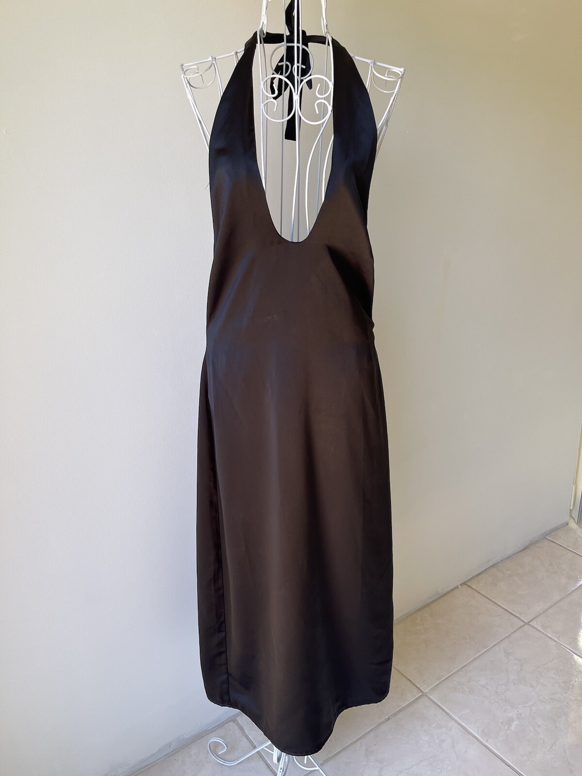 Jason Wu Satin Deep U Neck Halter Midi Dress back slit zip black size M