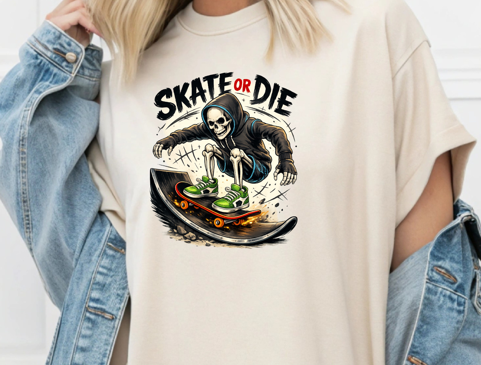 Skate Or Die Skeleton Skateboard T-Shirt Skater Graphic Tee Punk Streetwear