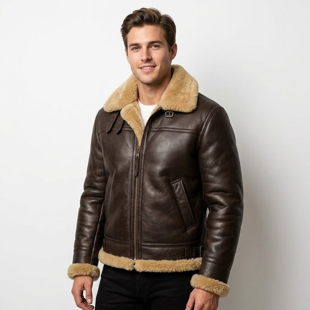 Men B3 Shearling Aviator Jacket Brown Leather Bomber Flight Jacket Winter Coat