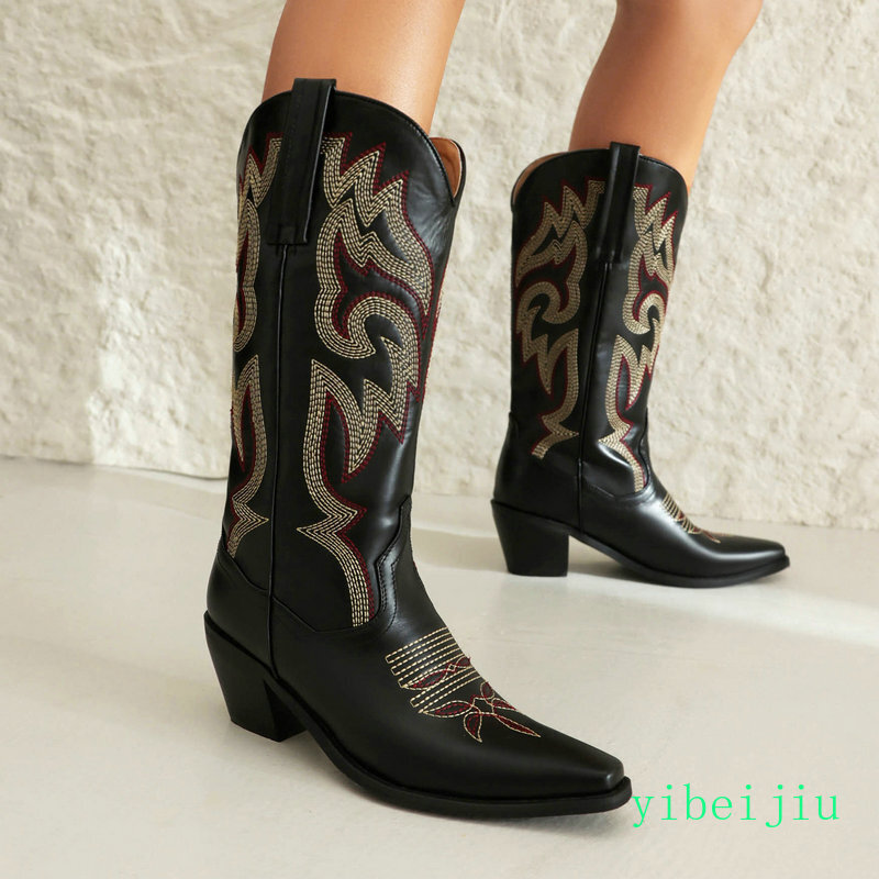 Women’s Western Cowboy Mid Calf Boot Embroidery Sweet Candy Heel Leather Shoes