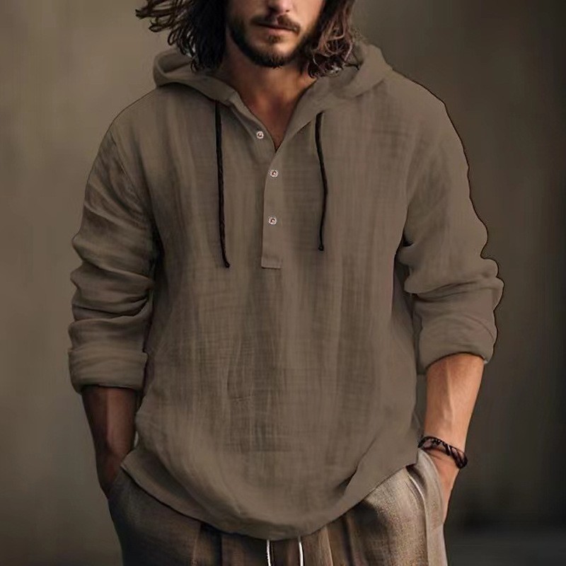 Mens Cotton Linen Hoodie Shirt Casual Long Sleeve Beach Pullover Summer Top