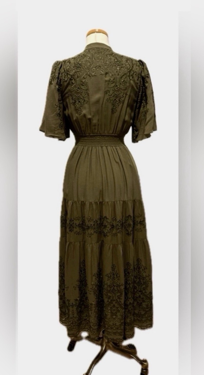 Hale Bob Women’s Green Floral Embroidered Silk Maxi Dress, S, V-Neck, Flutter
