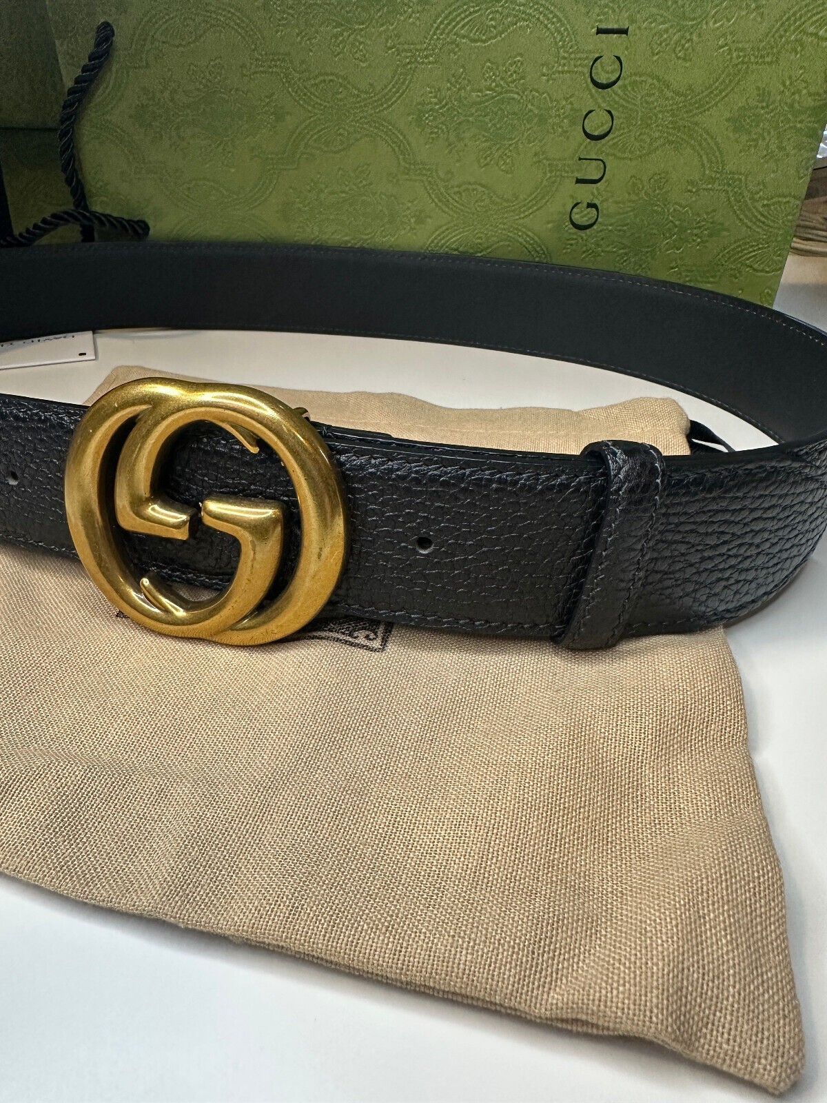 GG BlackGUCCl Mens Leather Belt Gold Brass