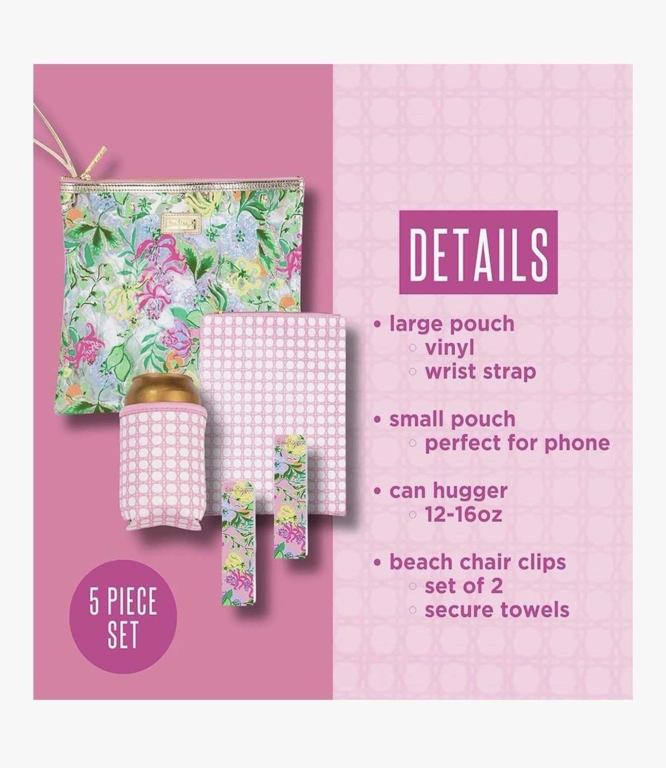 Lilly Pulitzer Water Resistant Vinyl Beach Day 5PC Pouch Set, Via Amore Spritzer