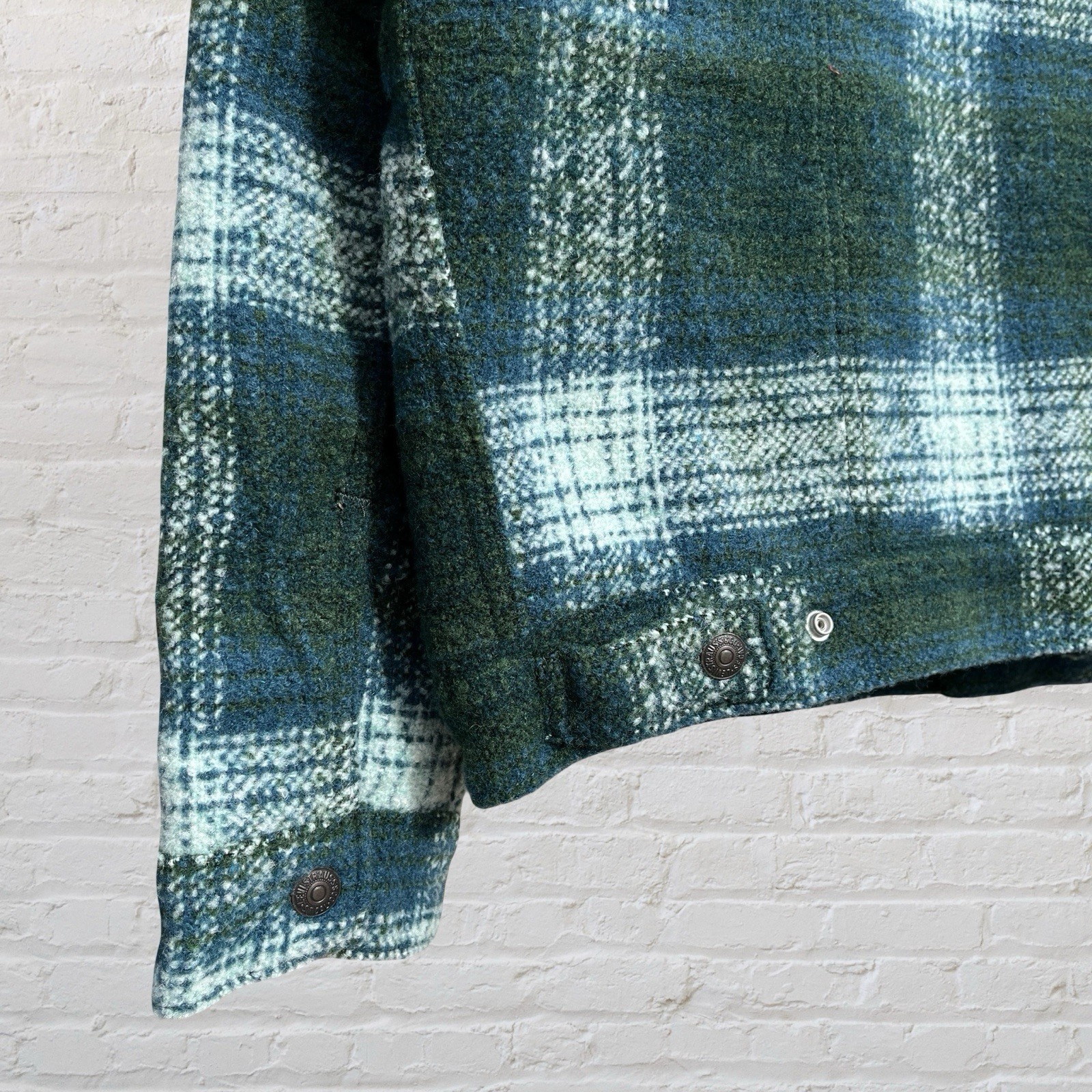 Levi’s Sherpa Lined Trucker Jacket Premium Green Plaid Wool Blend Big E
