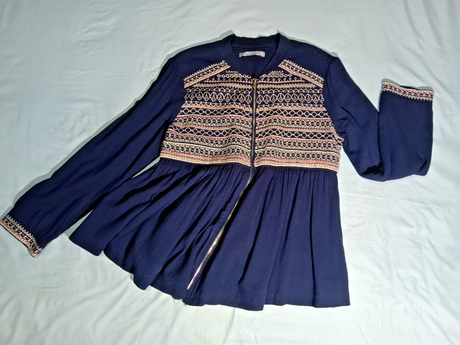 Octavia Zip Front Smocked Shirt Cotton 3/4 Sleeve Swing Peblum Fair Isle Size S
