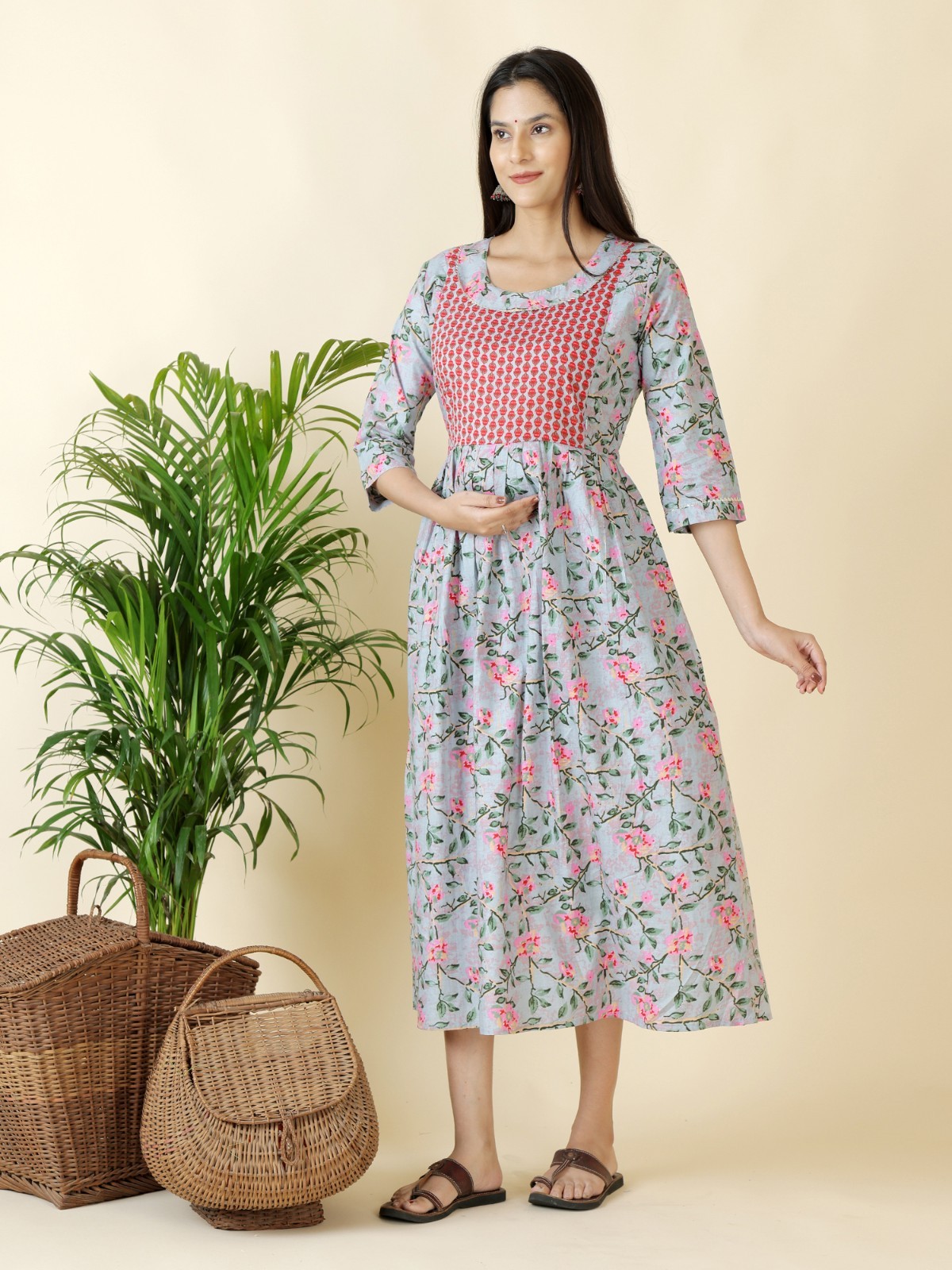Handmade Floral Cotton Maternity Dress : Nursing Friendly Gown With Side Zipper