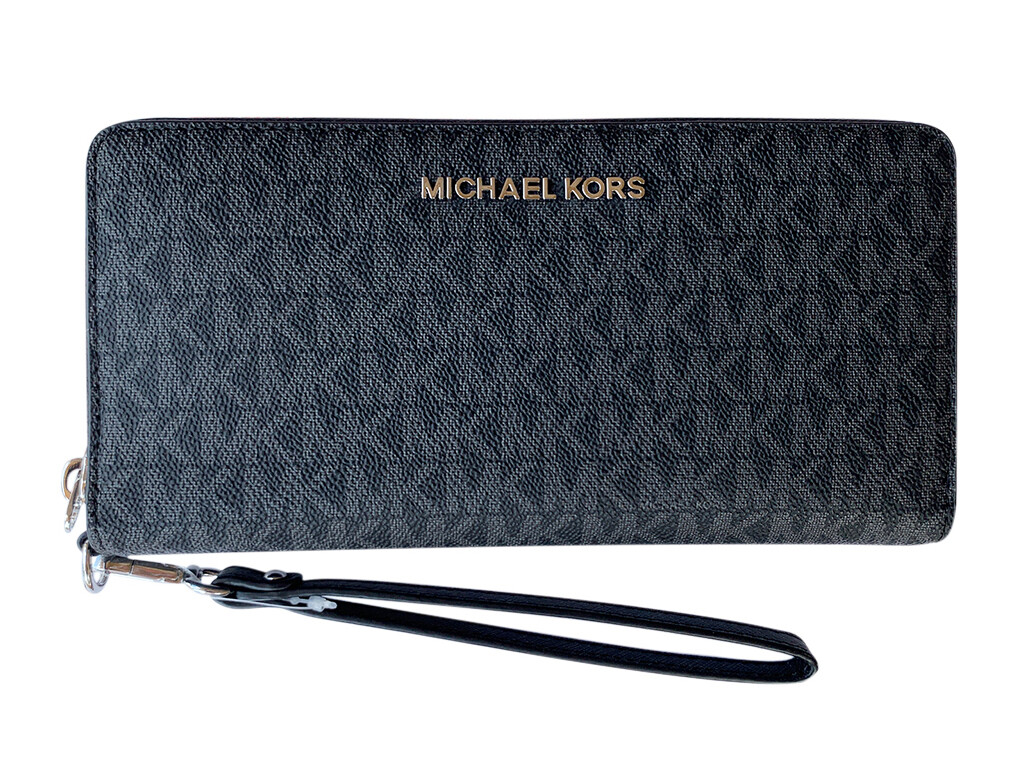 Michael Kors Jet Set Travel Continental Long Wallet Wristlet Brown Vanilla Black