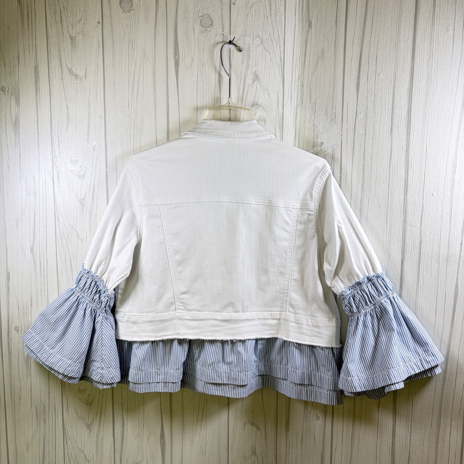 CROWN & IVY White Denim Jacket Blue Pinstripe Bell Sleeves and Hem, XLP