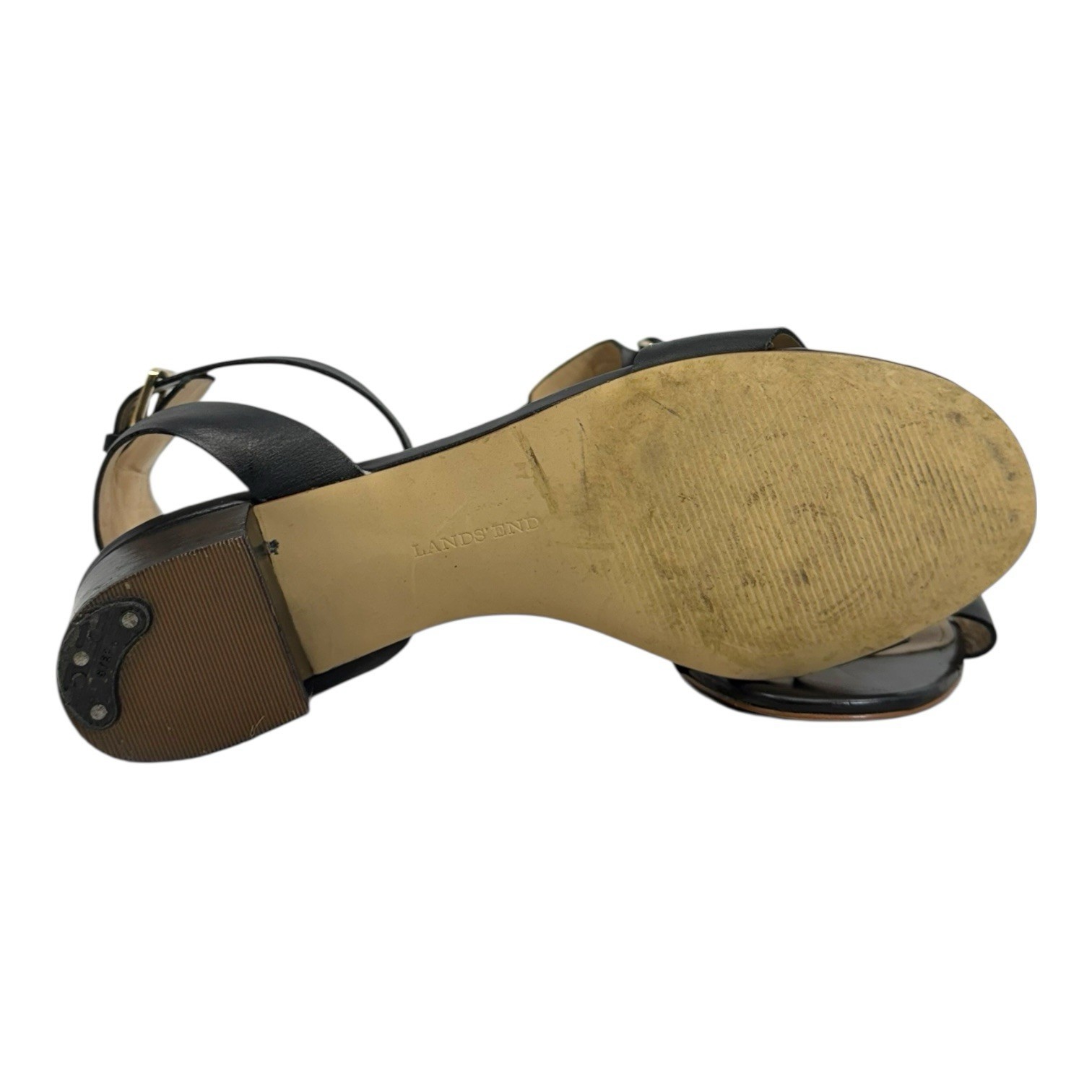 LANDS END Womens 7D 7 D Essential Leather Sandals Ankle Strap Minimalist BLACK