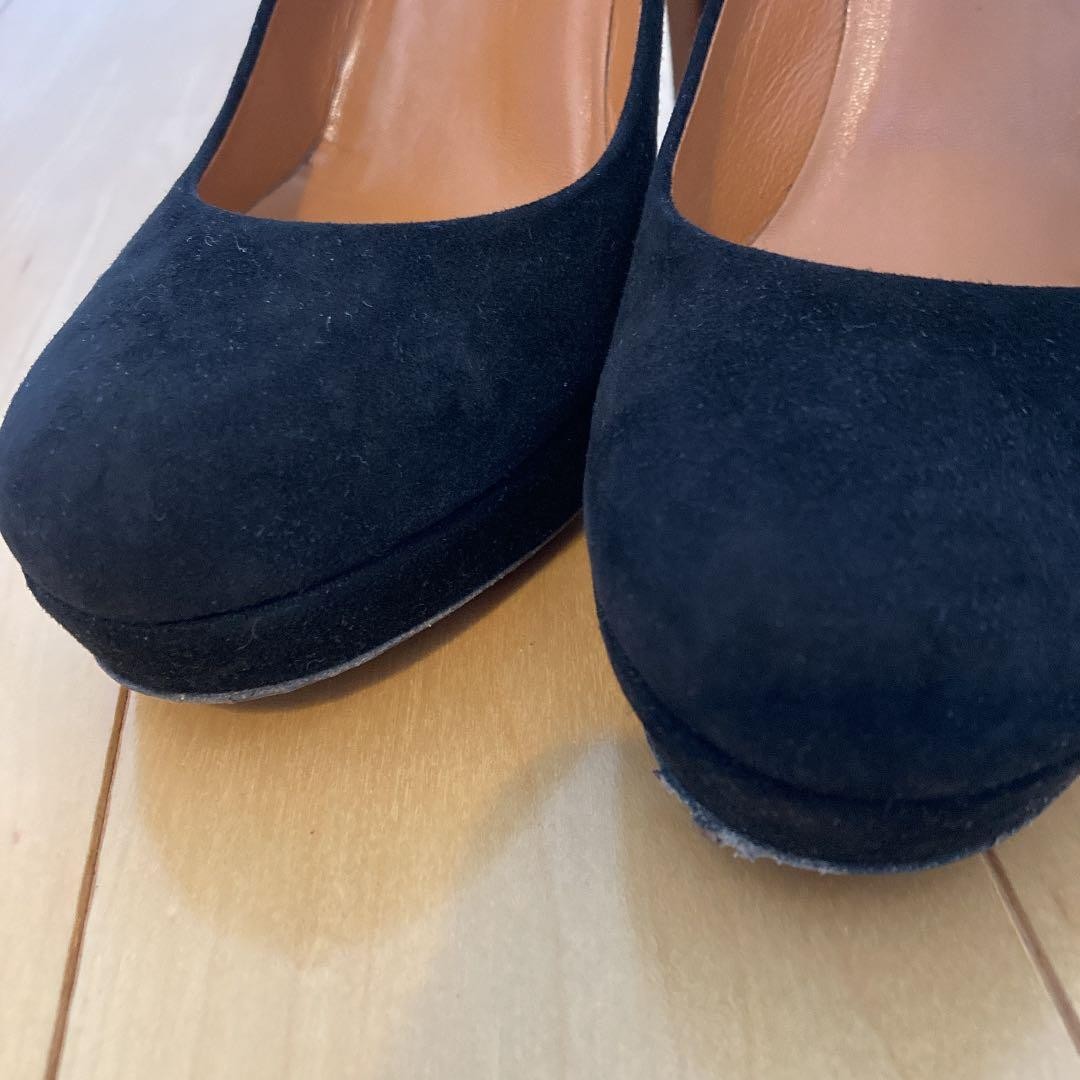 Gucci Suede Pumps Black Leather Round Toe 7.1-10cm Pin Heel Used Excellent