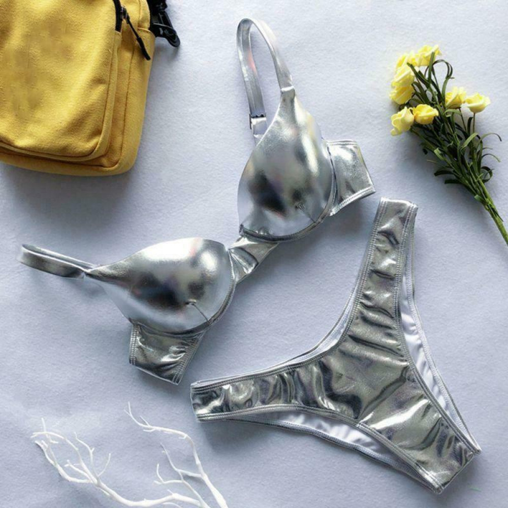 Women Sexy Bikini Reflective Shiny Metallic Swimsuit Push Up Underwire Beachwear
